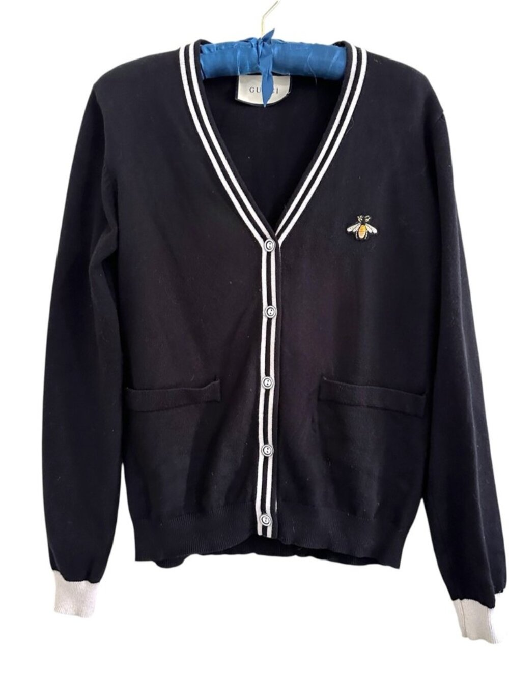 GUCCI NAVY Blue lightweight WOOL knit BEE EMBROIDERED CARDIGAN Jumper sweater M - Picture 4 of 8